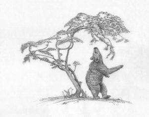 A bear standing next to a tree with its trunk in the air.