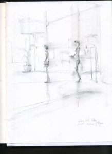 A pencil drawing of two people standing in front of a building.