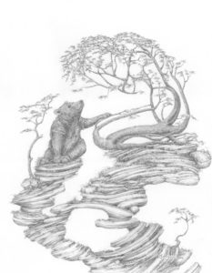 A drawing of a bear sitting on the edge of a river.