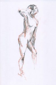 A drawing of a naked man with his arms raised.