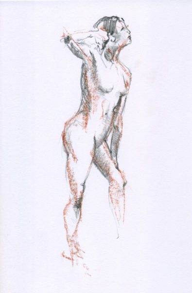 A drawing of a naked man with his arms raised.
