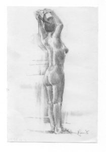 A pencil drawing of a woman standing on the side of a wall.