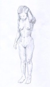 A pencil drawing of a naked woman standing.