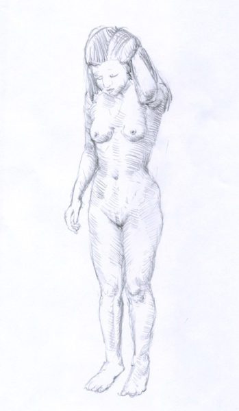 A pencil drawing of a naked woman standing.