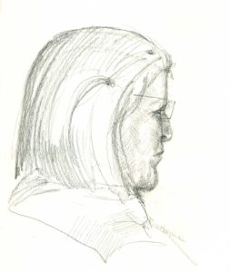 A pencil drawing of a man with long hair.