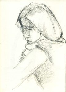 A pencil drawing of a woman wearing a hood.