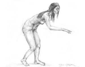 A pencil drawing of a woman standing in the water.