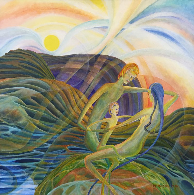 A painting of two people in the water