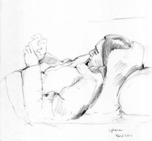 A drawing of a person laying on the couch