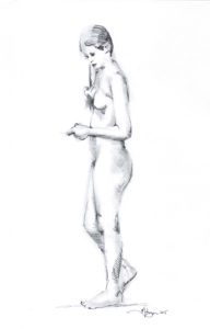 A drawing of a naked woman holding something.