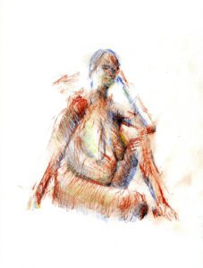 A drawing of a woman sitting on the ground