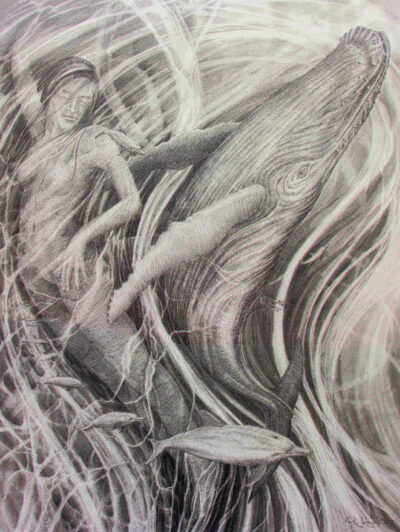 Surreal whale and swimmer in pencil waves