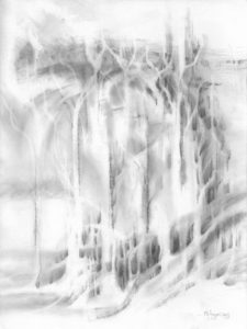 Soft graphite study of misty winter trees