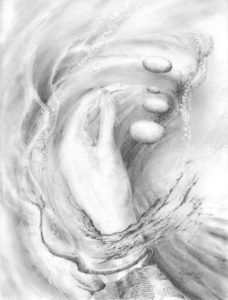 Graphite hand reaching toward floating stones