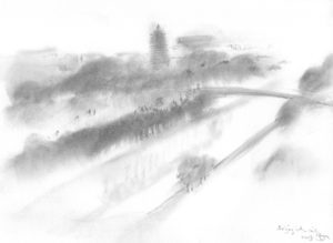 Soft graphite sketch of distant pagoda and bridge