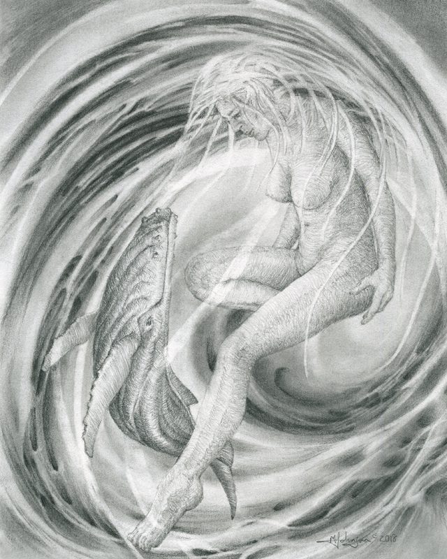 A drawing of an angel in the middle of water.