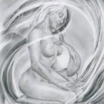 A drawing of a woman holding her pregnant belly