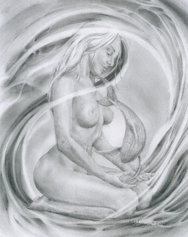 A drawing of a woman holding her pregnant belly