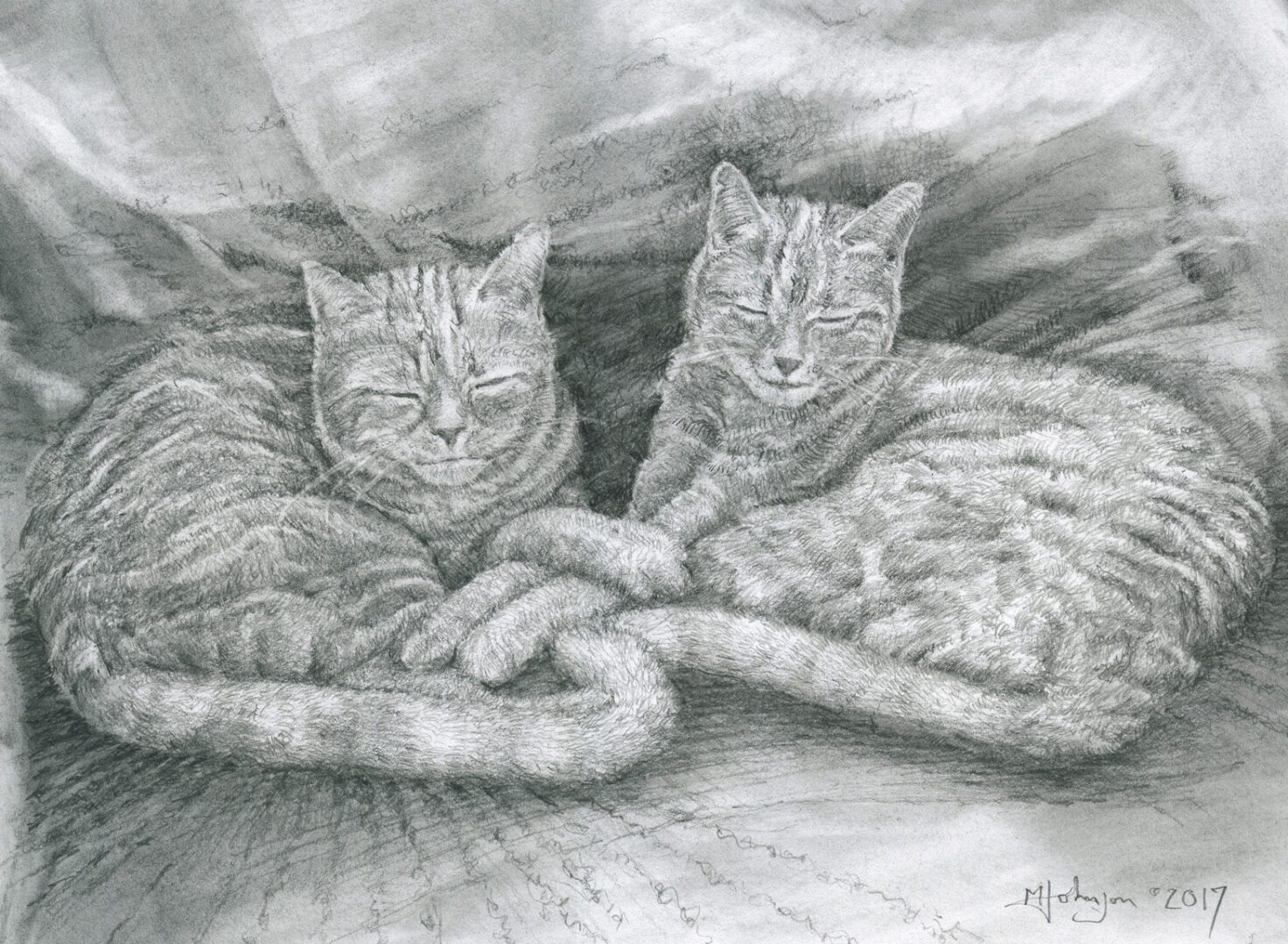 Two cats laying on a blanket in the sun.