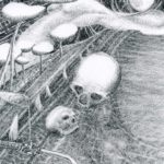 A drawing of skulls and plants in the water.