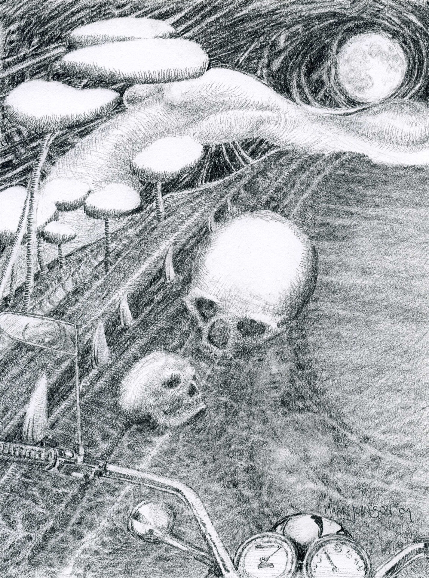 A drawing of skulls and plants in the water.