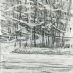 A pencil drawing of trees in the snow.