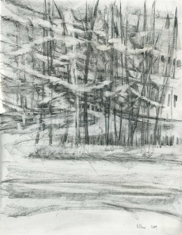 A pencil drawing of trees in the snow.