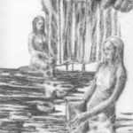 Two women in the water with a waterfall behind them.