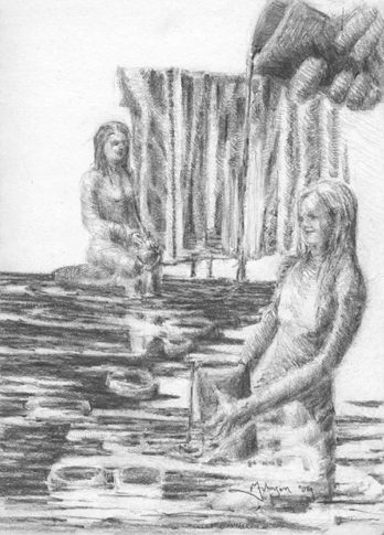 Two women in the water with a waterfall behind them.