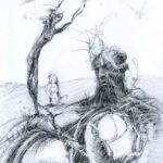 A pencil drawing of a tree with a person sitting on it.