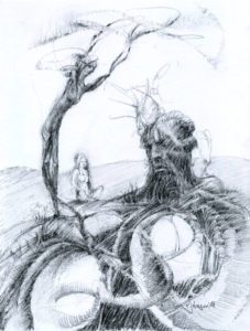 Pencil sketch of tree-man and meditating figure