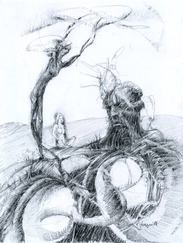 A pencil drawing of a tree with a person sitting on it.