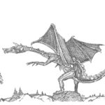 A drawing of a dragon with its wings spread.