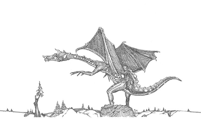 A drawing of a dragon with its wings spread.