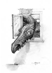 A drawing of an animal head in front of a window.