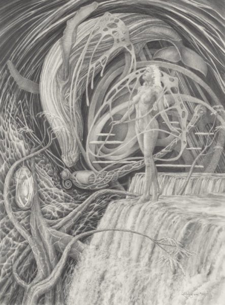 A drawing of a man with many wires and plants.