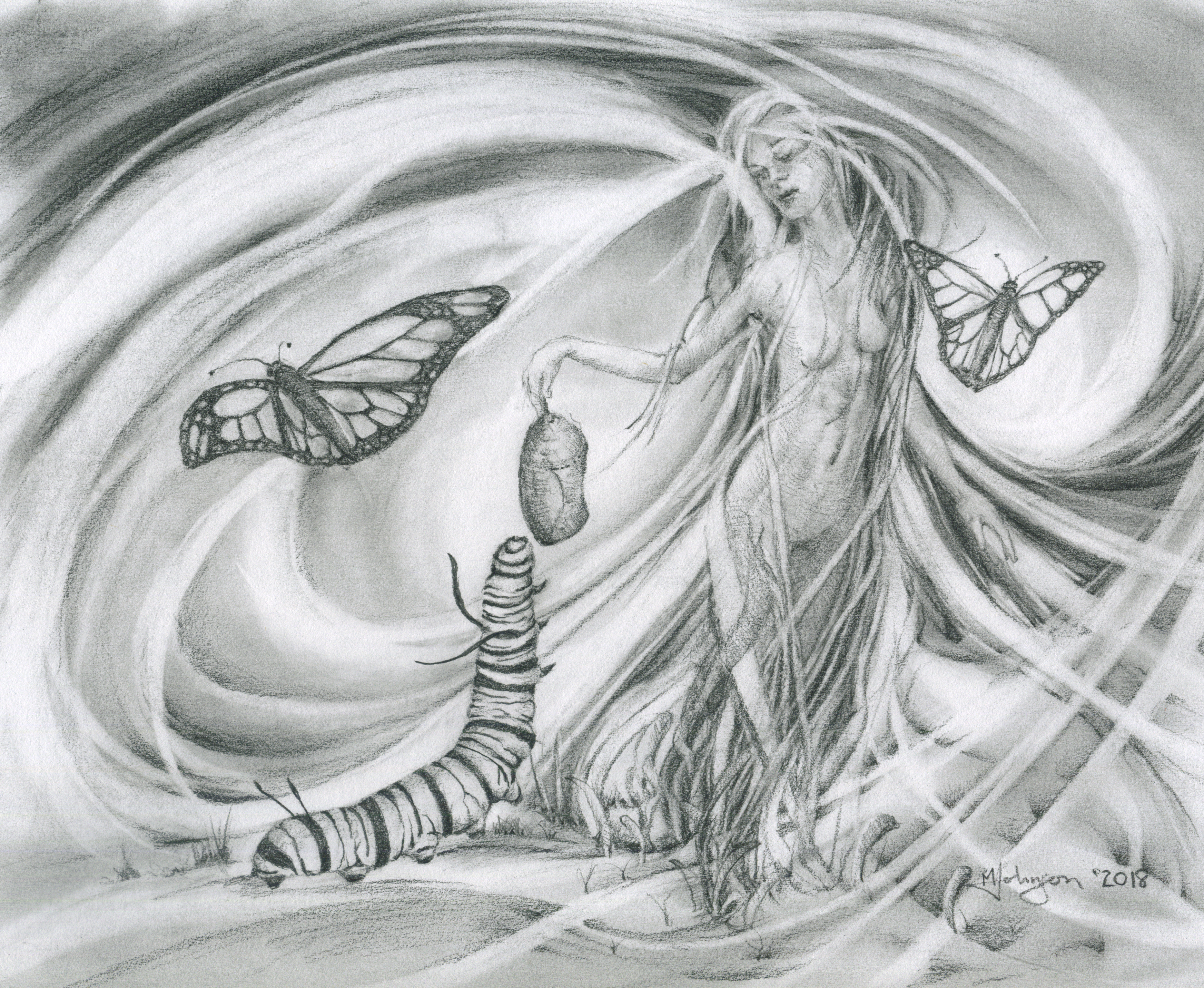 A pencil drawing of a woman and a caterpillar