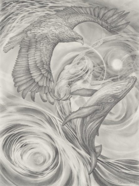 A drawing of an eagle and a whale