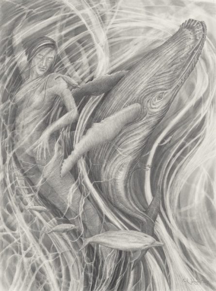 A black and white photo of a woman in the water.