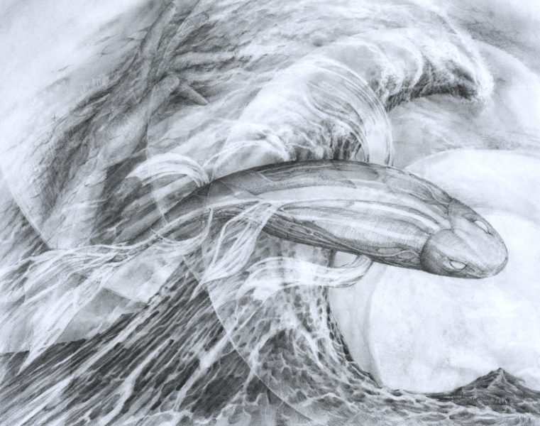 A black and white photo of waves crashing on the beach.