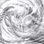 A drawing of a person in the middle of a swirling vortex.