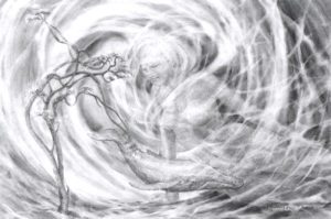 A drawing of a person in the middle of a swirling vortex.