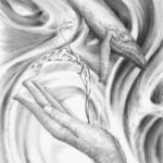 A pencil drawing of two hands holding something