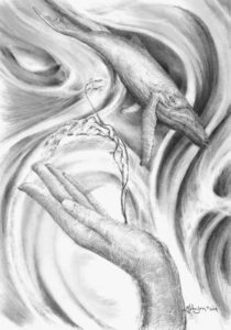 A pencil drawing of two hands holding something