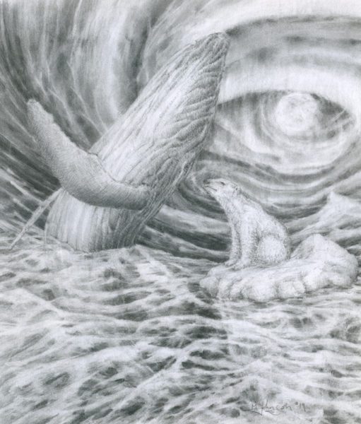 A pencil drawing of an animal and its mother.