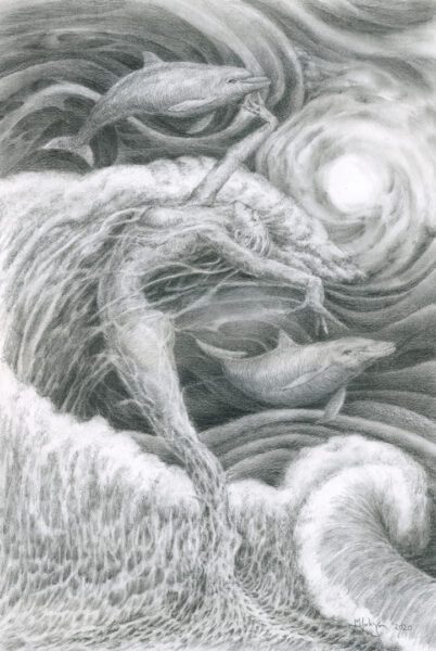 A drawing of birds flying over the ocean.