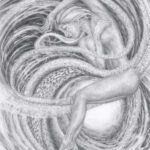 A drawing of a woman with long hair and a large octopus tentacles.