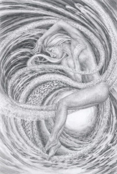 A drawing of a woman with long hair and a large octopus tentacles.