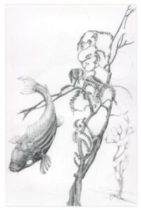 A pencil drawing of a fish and plant