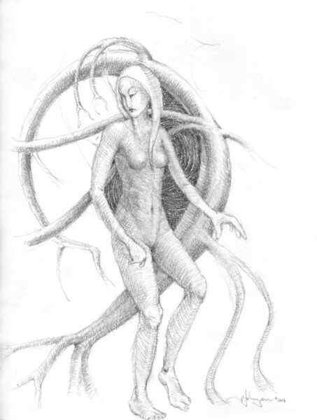 The very first Tree Root Elves ; concept pencil drawing